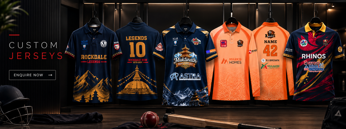 Custom cricket jerseys with team logos and sponsor branding